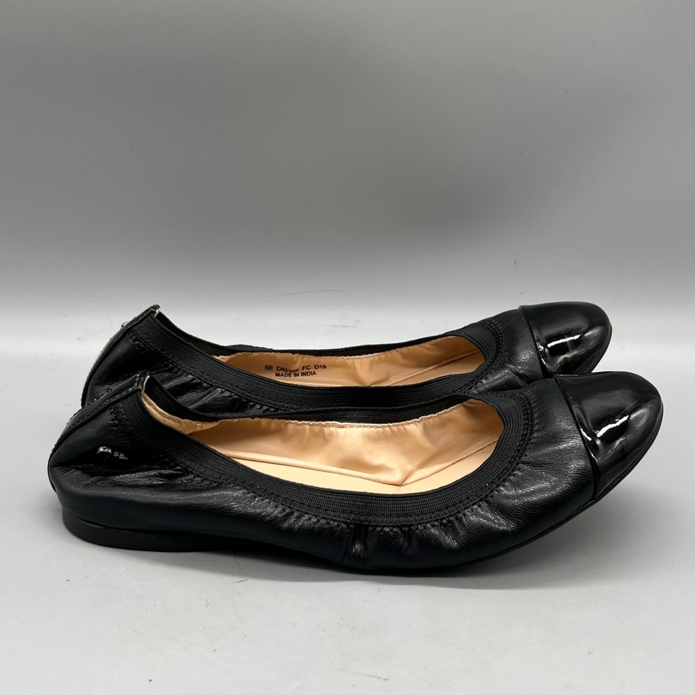 Cole Haan Ballet Flats Womens 6 Black Leather Patent Cap Toe Tali Bow Ballet